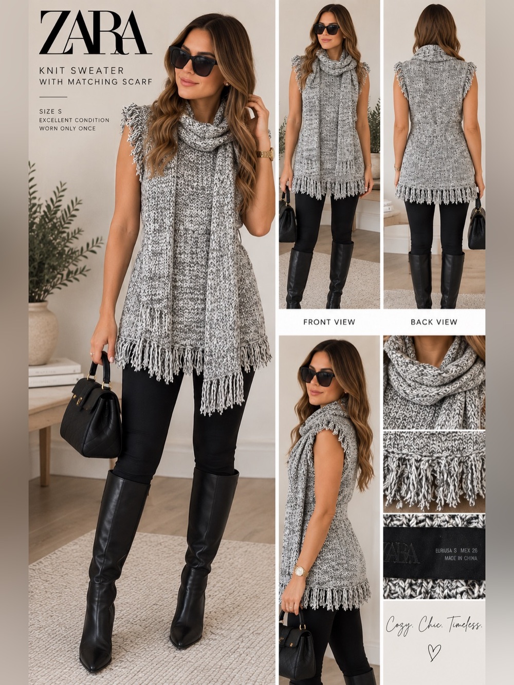 ZARA Knit Sleeveless Sweater With Matching Scarf Fringe Gray White Size S
